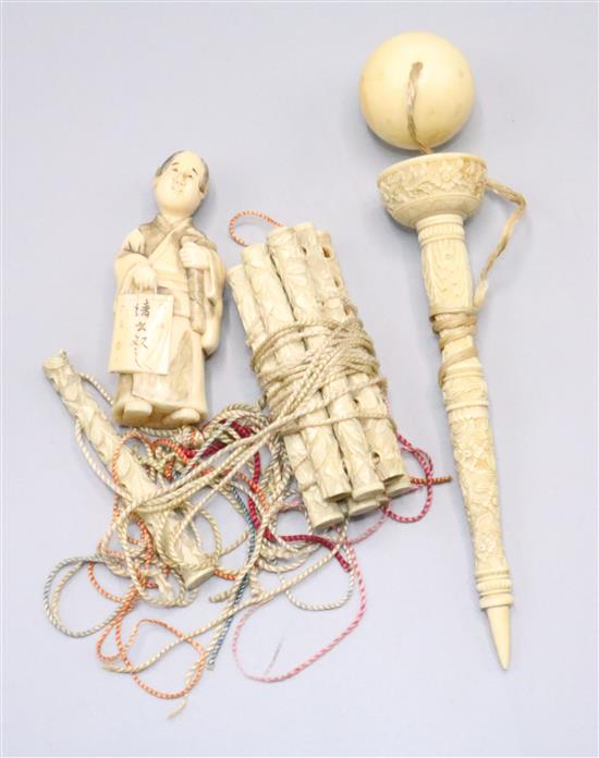 Ivory figure and 2 other ivory items